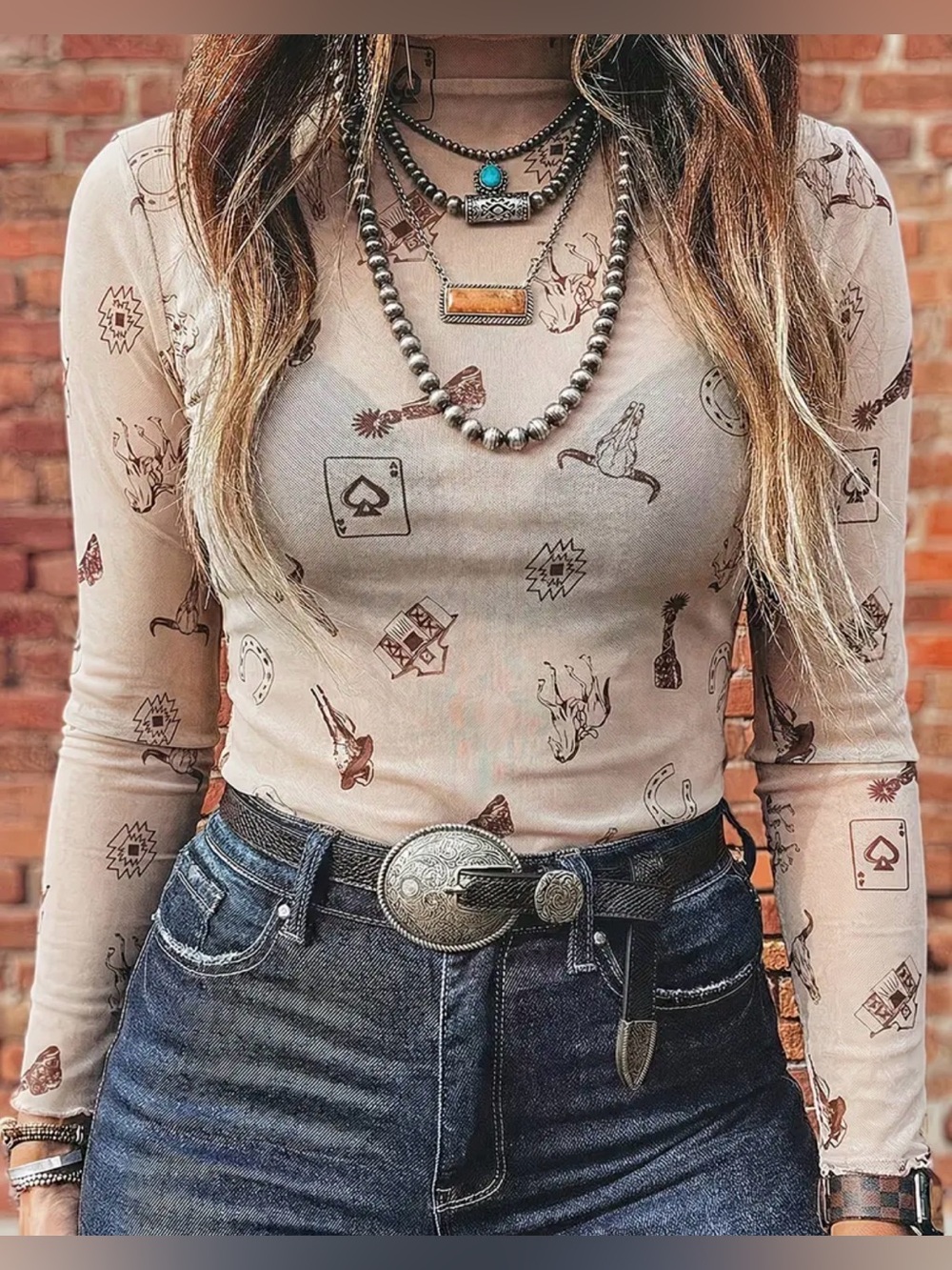 Women's Beige Western Graphic Long-Sleeve Top Western Sheer Top